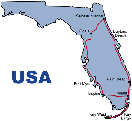 The Route for the Rental Car Tour Florida Sunshine